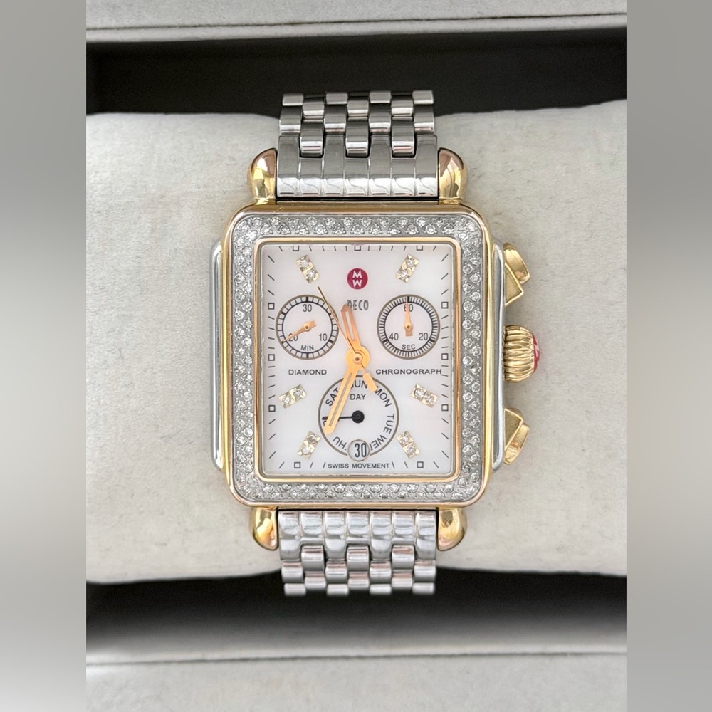 Michele Silver and Gold Diamond Chronograph Watch